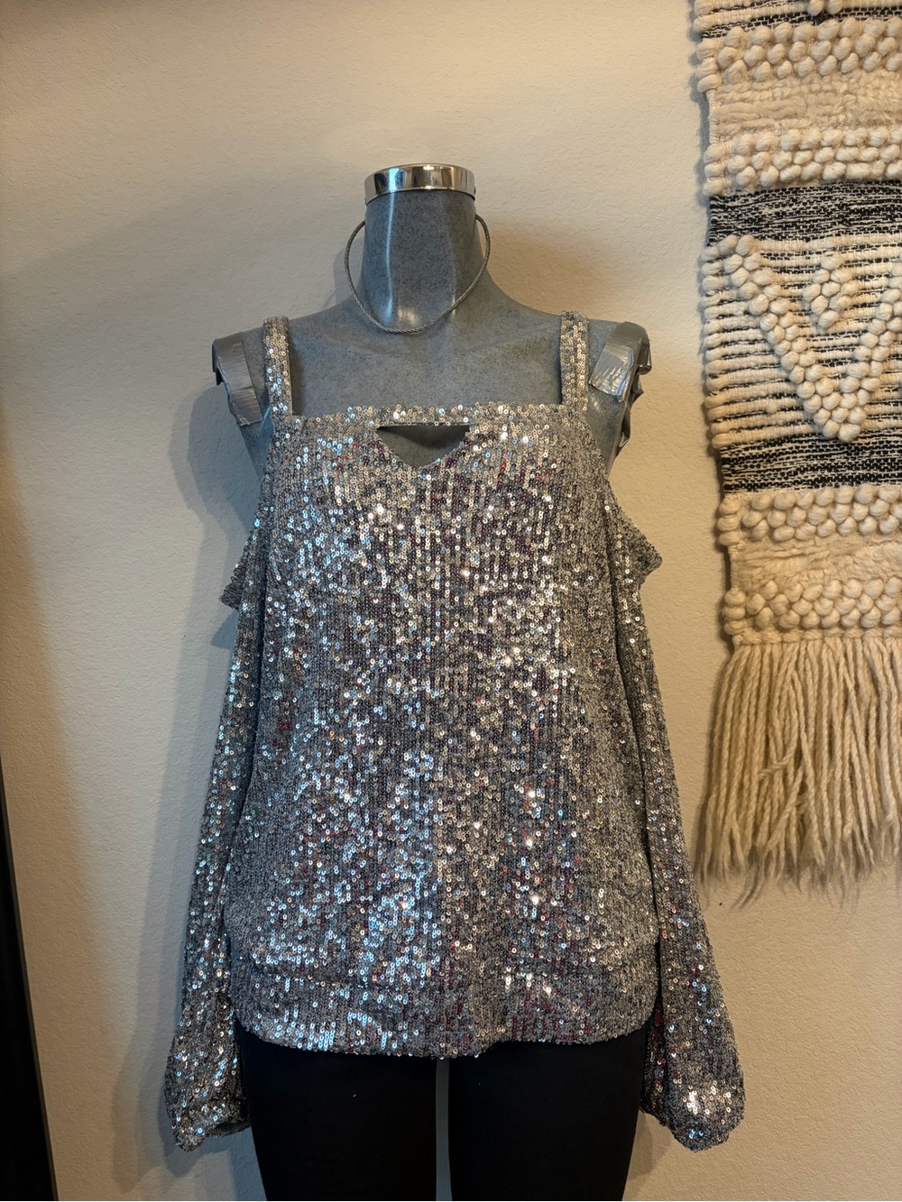 Cable & Gauge Silver Sequin Cold-Shoulder Blouse